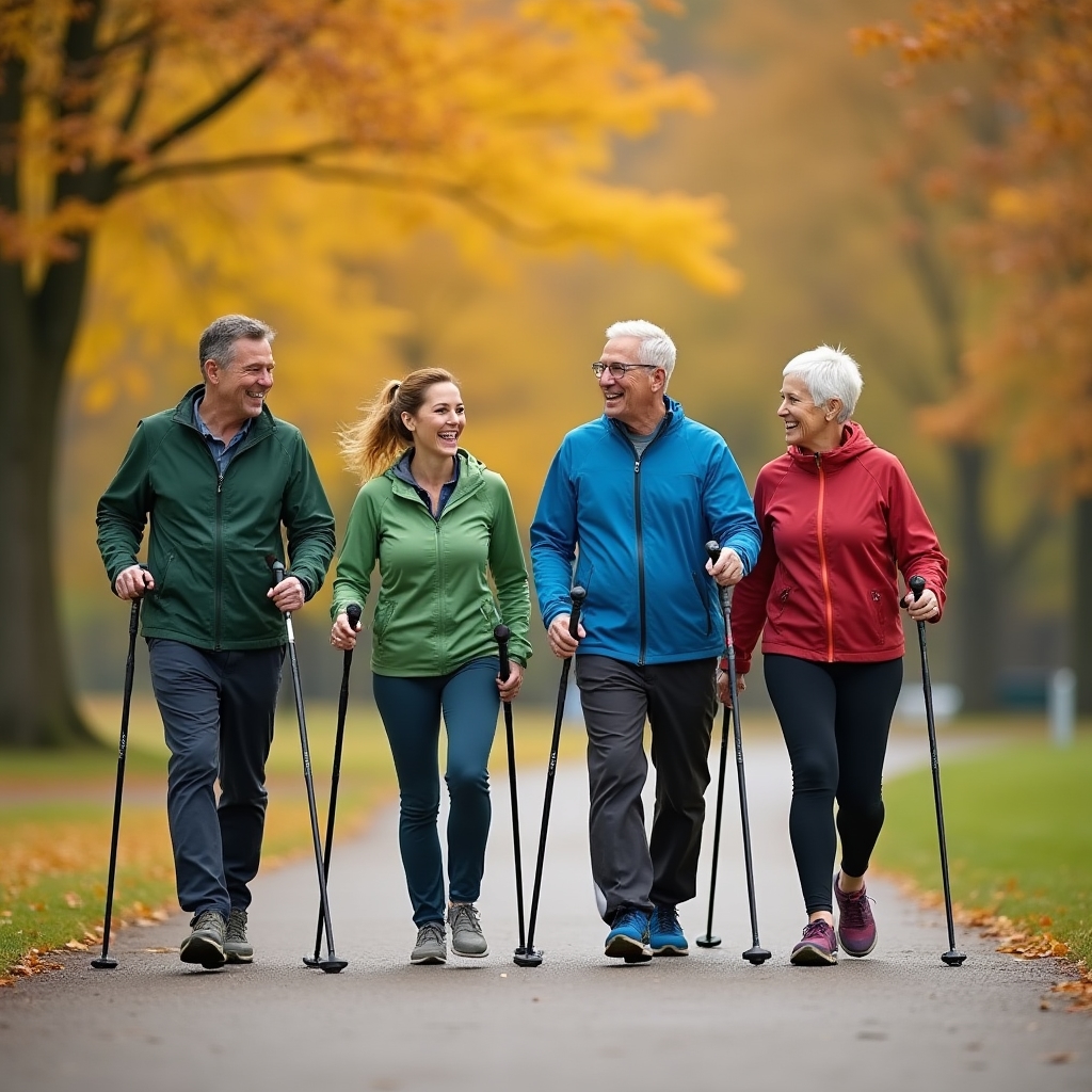 Grupa osób ćwicząca nordic walking w parku