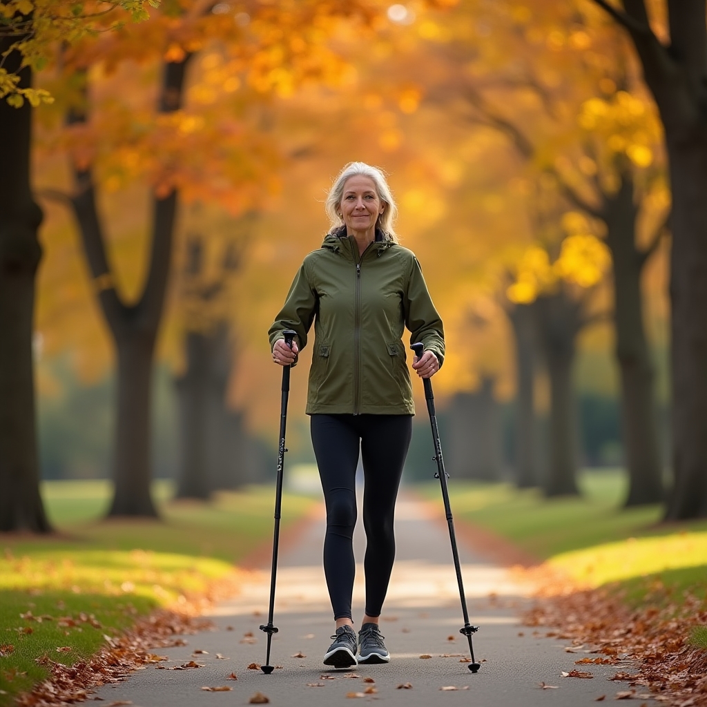 Nordic walking w jesiennym parku w Polsce